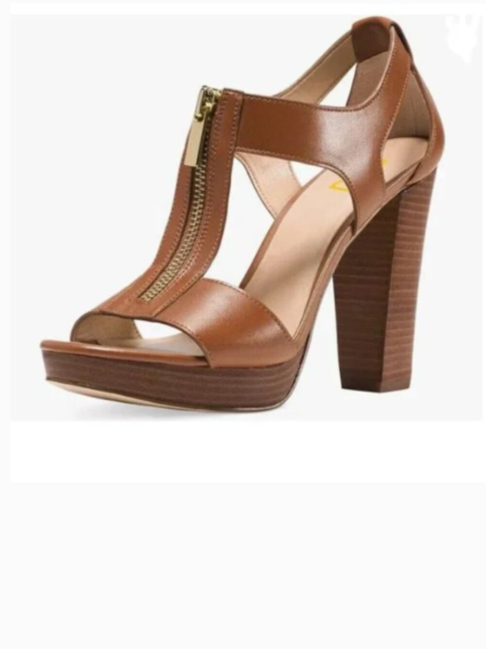 FSJ Brown Peep Toe T-Strap Front Zipper Chunky Stacked High Heel Cutout Sandal